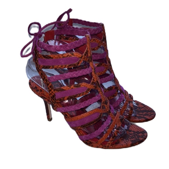 BRIAN‎ ATWOOD Felisa Sandals Strappy Braided Leather Orange Pink Size 7.5 Animal - Picture 7 of 14